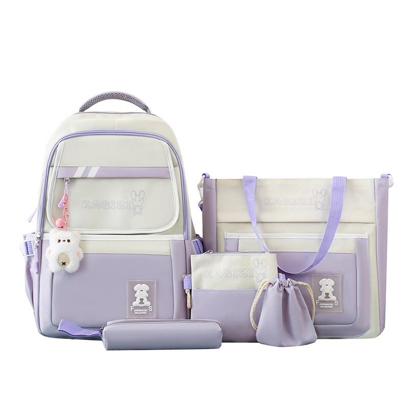 

Canvas Student Backpack Five Piece Set With Rabbit Letter Pattern For High School And Day Trips фіолетовий