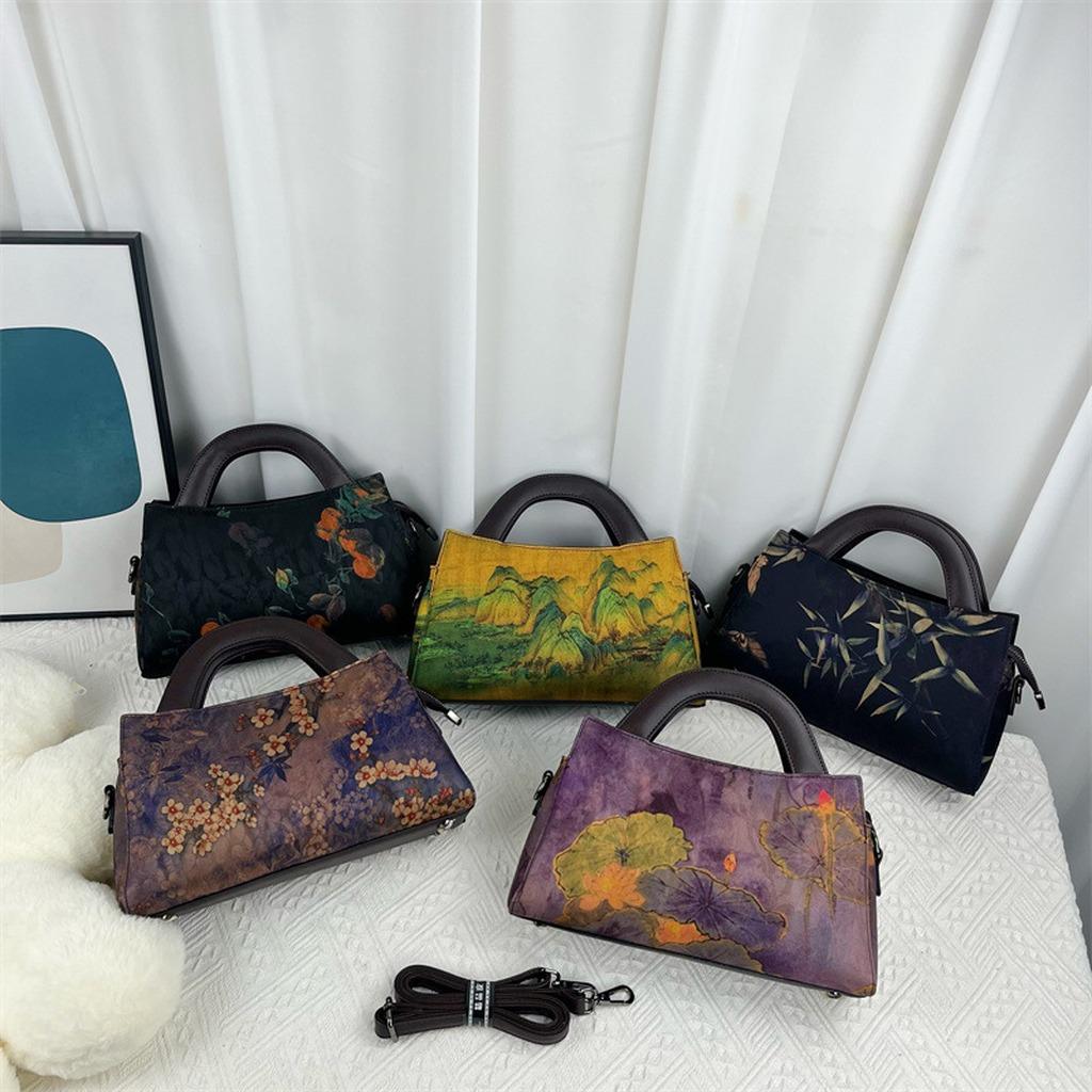 Chinese Style Ink Painting Handbag Women Vintage Crossbody Bag Oriental Aesthetic Tote Shoulder Bag With Detachable Strap