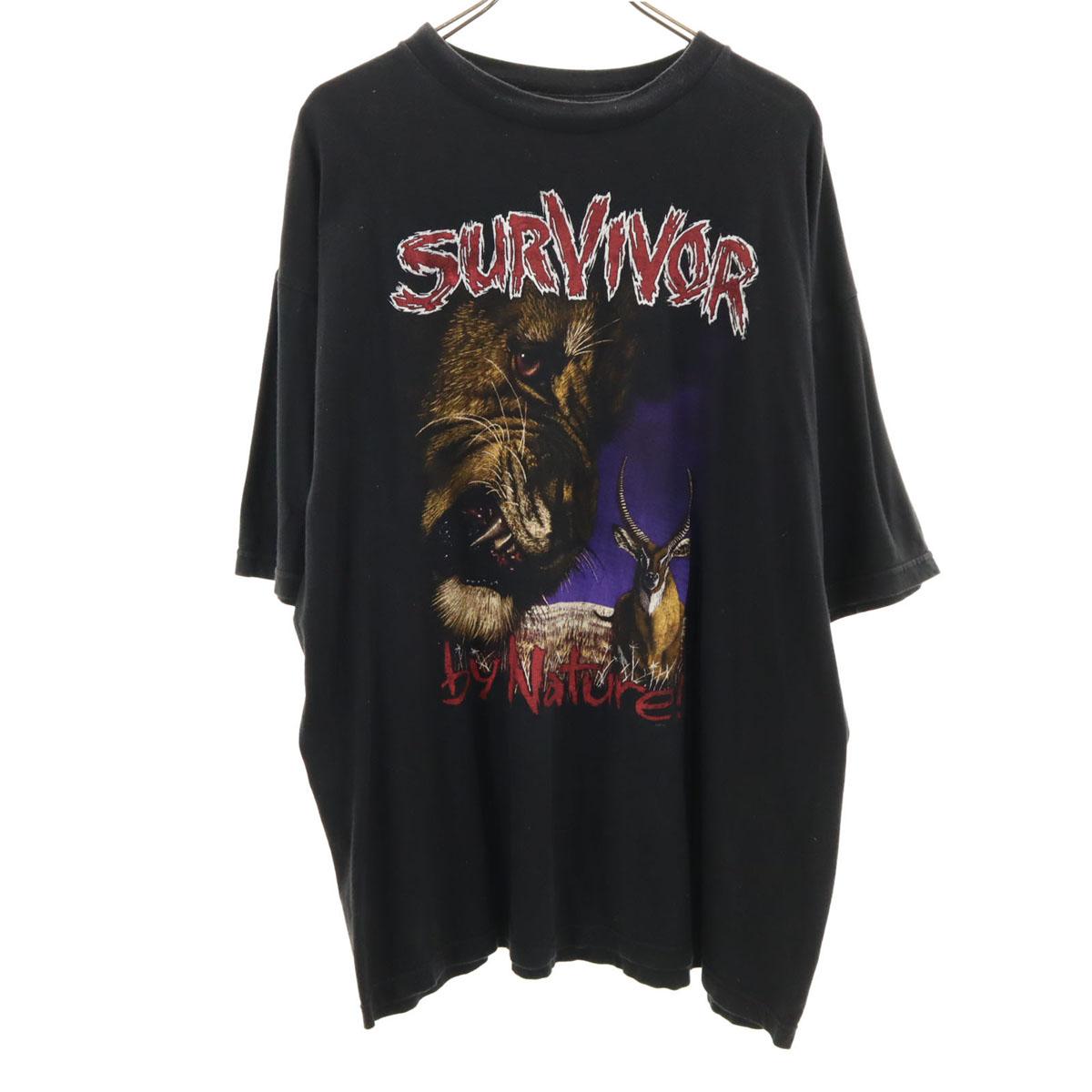 

ZIP 90s Old survivor by nature print Short sleeve T-shirt black animal Men s Used