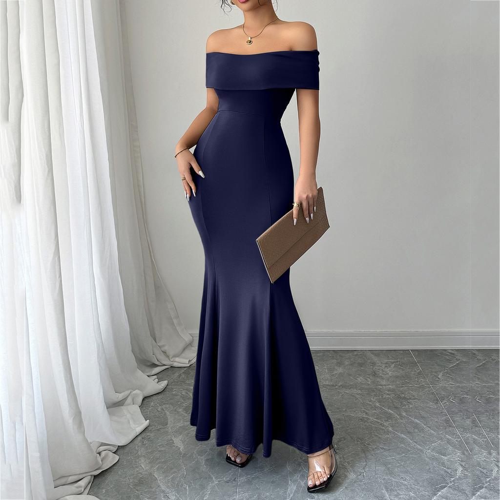 Elegant Off,shoulder Short,sleeved Color Dress For Women