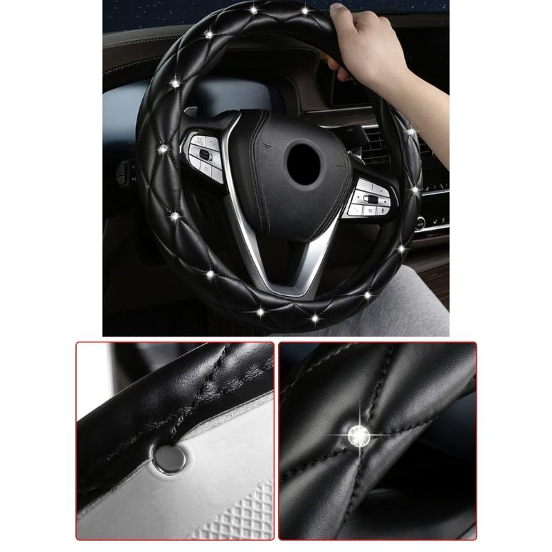 Leather Steering Wheel Cover Featurings Sparkling Rhinestones Studs for Enhanced Driving Comfort and Antislip
