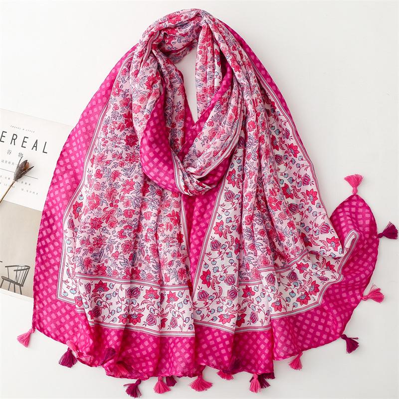 Spring And Summer New Cotton And Hemp Feel Scarf Celebrity Wind Hibiscus Flower Tassel Scarf Warm Shawl 90X180Cm
