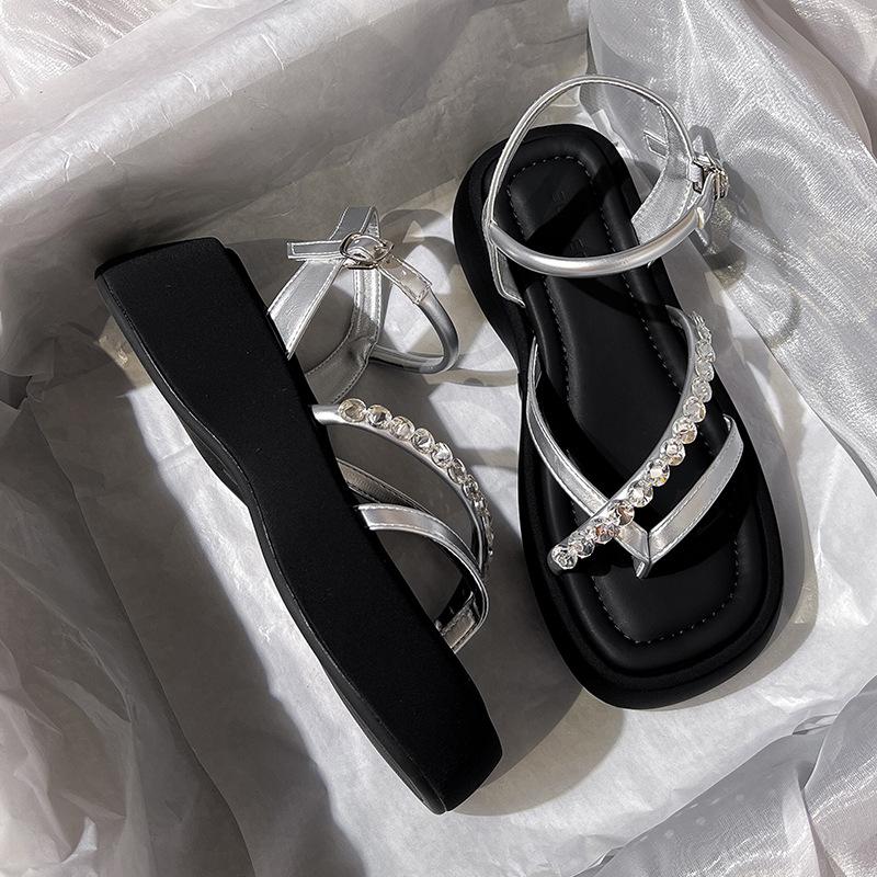 

Женские сандалии с бриллиантами, новая летняя обувь, шлепанцы на толстой подошве, увеличивающие рост, туфли для юбки 39 серебряный