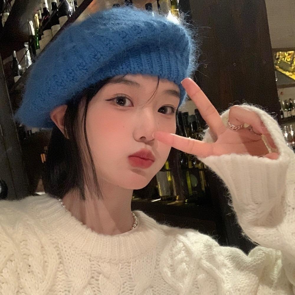 Solid Color Knitted Beanie Cap Wool Painter Hat Casual Mohair Beret Autumn Winter
