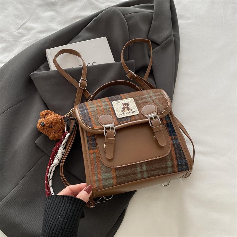 Woolen Plaid Portable Small Bag Women's 2025 New Trendy Fashion College Style Backpack Winter Retro Messenger Bag
