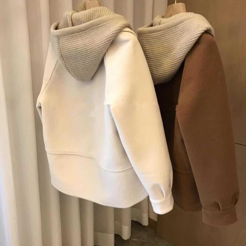 Petite Korean Style Patchwork Color Block Woolen Hooded Coat for Women - Autumn/Winter Short Design
