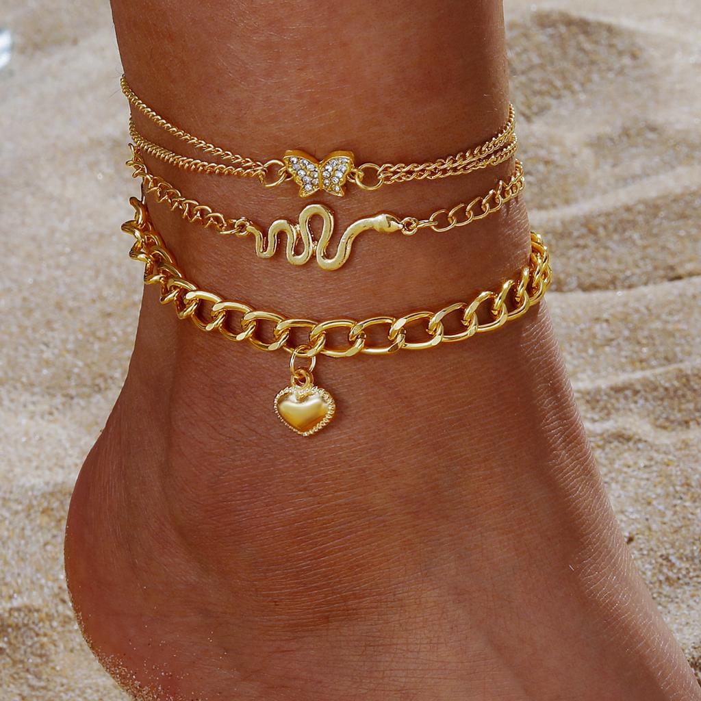 Golden Chain Snake Butterfly Multi-layer Artificial Crystal Chain Creative Anklet 3-piece Vintage Anklet Set For Women Jewelry