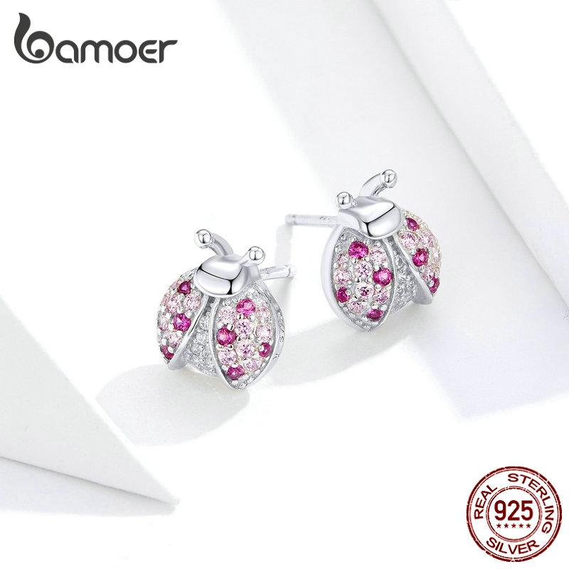 Bamoer Pink Romantic Laybug Stud Earrings for Women 925 Silver Tiny Earrings for Girl Gfits Original Design SCE715