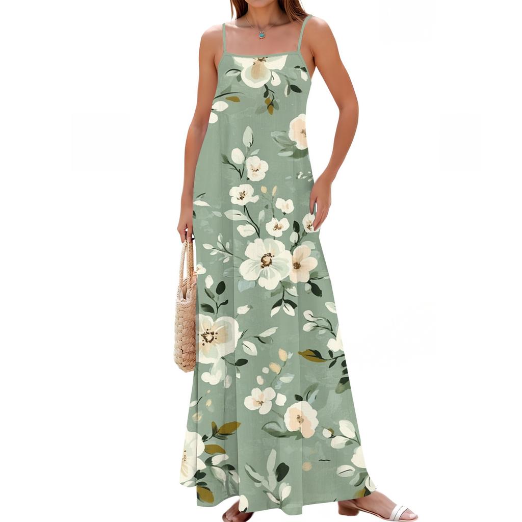 Women's Spring And Summer Casual Fashion Adjustable Suspender Printing Long Dress