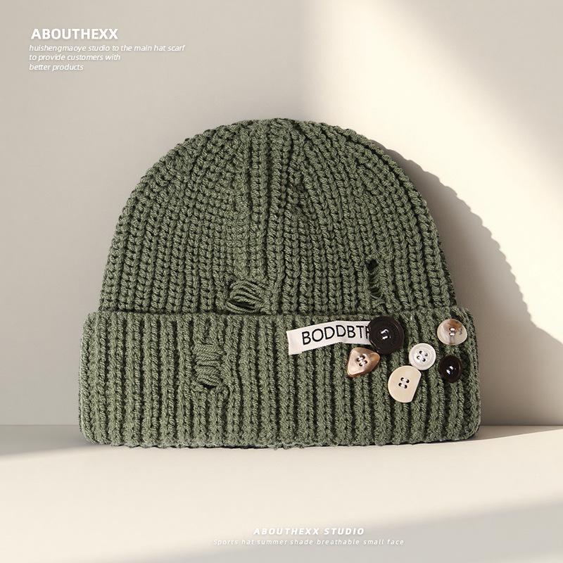 New Autumn and Winter Knitted Woolen Hats for Women Fashionable Hole In The Head Hats for Outdoor Cycling  Button Ear Protection Cold Hats for Men
