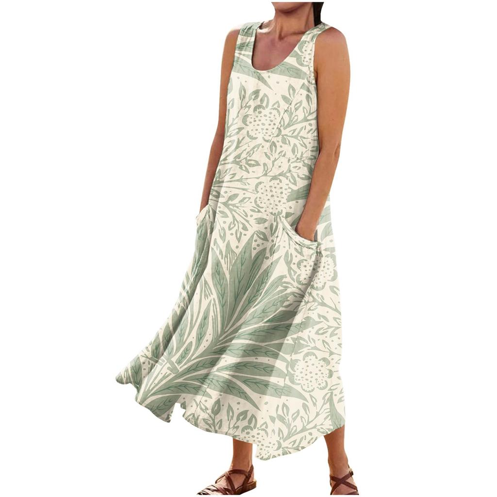 Women's Summer Casual Fashion Retro Printed Sleeveless Round Neck Pocket Dress