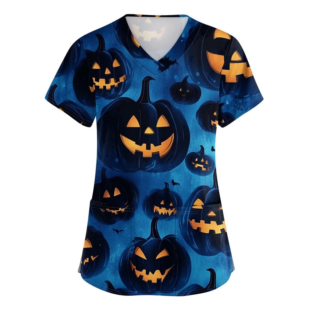 Women's V-neck Halloween Printed Short-sleeved Pocket Side-slit Protective Suit Top