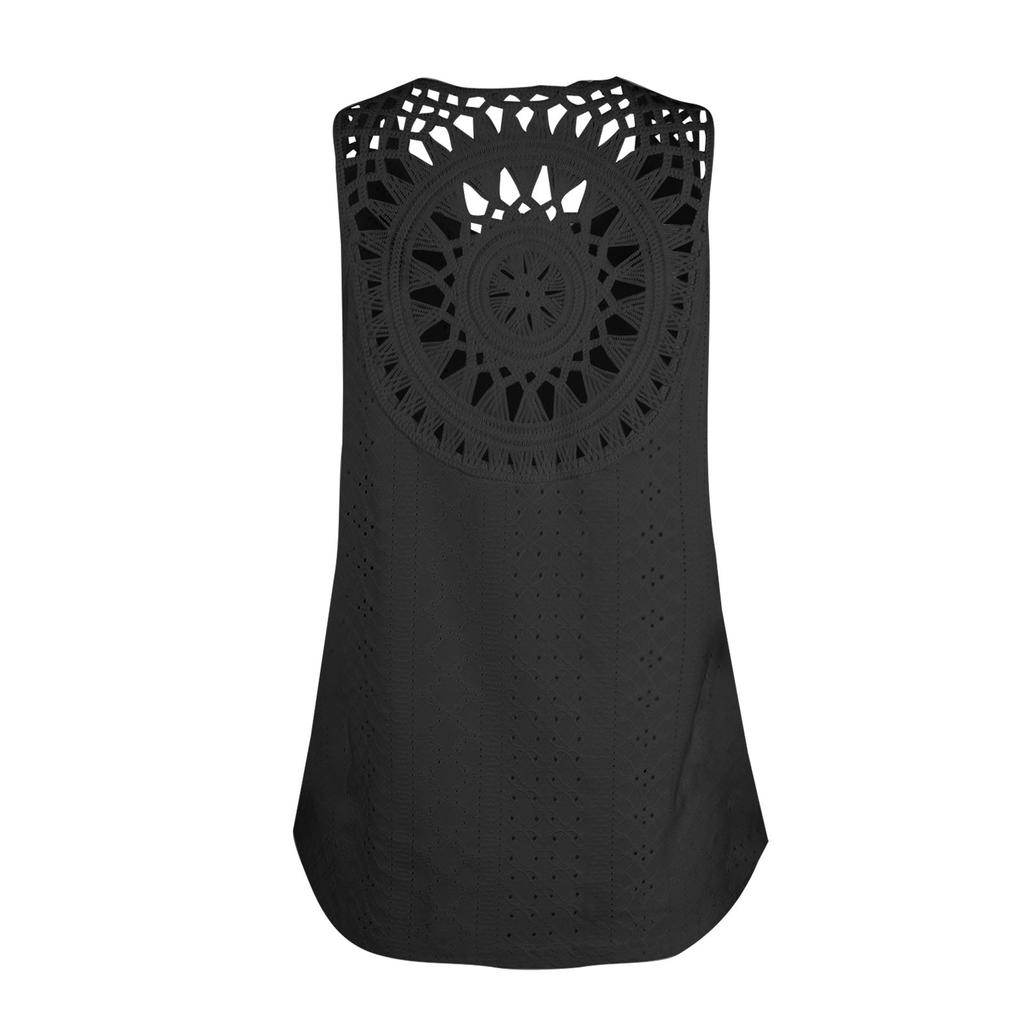 Women's Fashion Casual Colour Sleeveless Back Hollow Out Lace T-Shirt Top