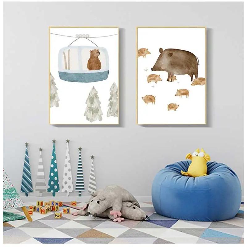 Cartoon Bear Squirrel Fox Hedgehog Spaceship Wall Art Canvas Painting Boho Posters And Prints Wall Pictures Baby Kids Room Decor