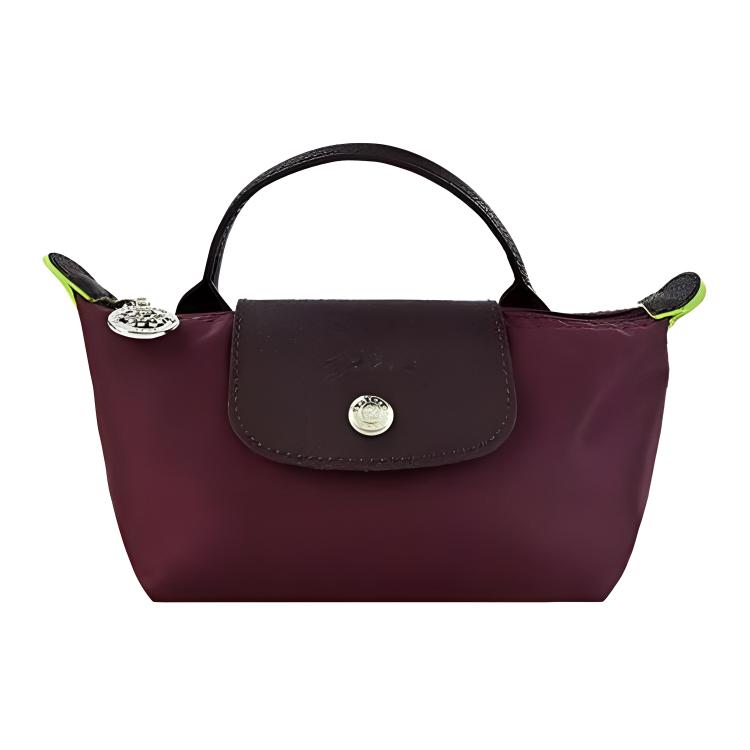 New LONGCHAMP Le Pliage Green Recycled Canvas With Leather Dumpling Bag Handbags Small Size Women's Deep Red & Brown 34175919009