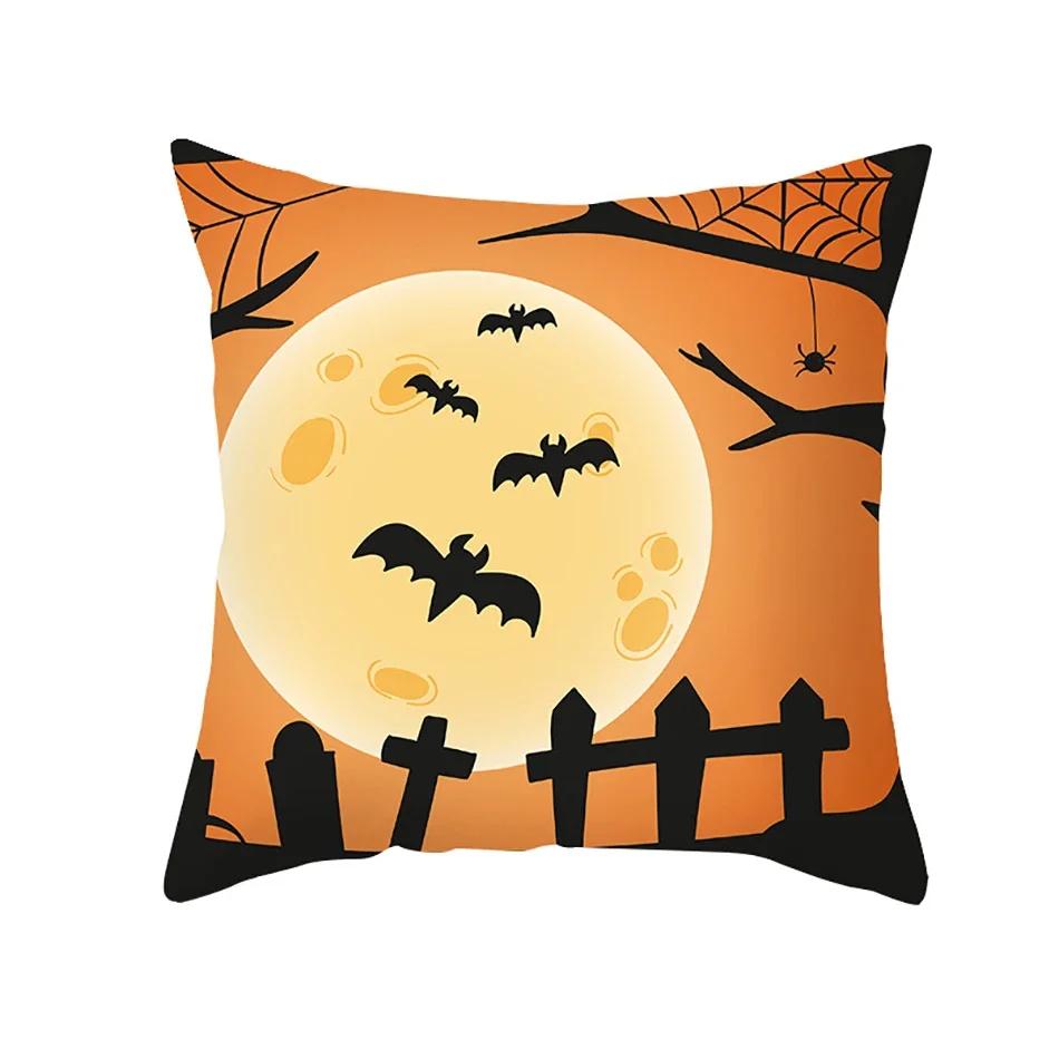 Home Decor Halloween Cushion Cover Skull Cat Scary Pumpkin Bat Castle Print Square Pillowcase Party x Funda de almohada
