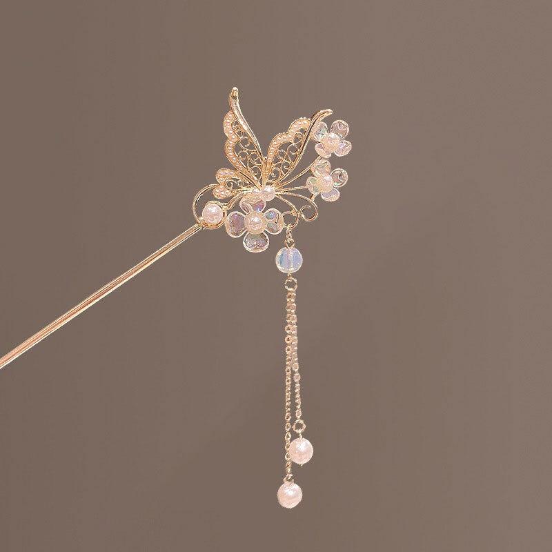 Vintage Chinese Style Hair Stick Tassels Pearls Hairpins Elegant Butterfly Flower Hair Pins Clip Summer Accessories Gifts