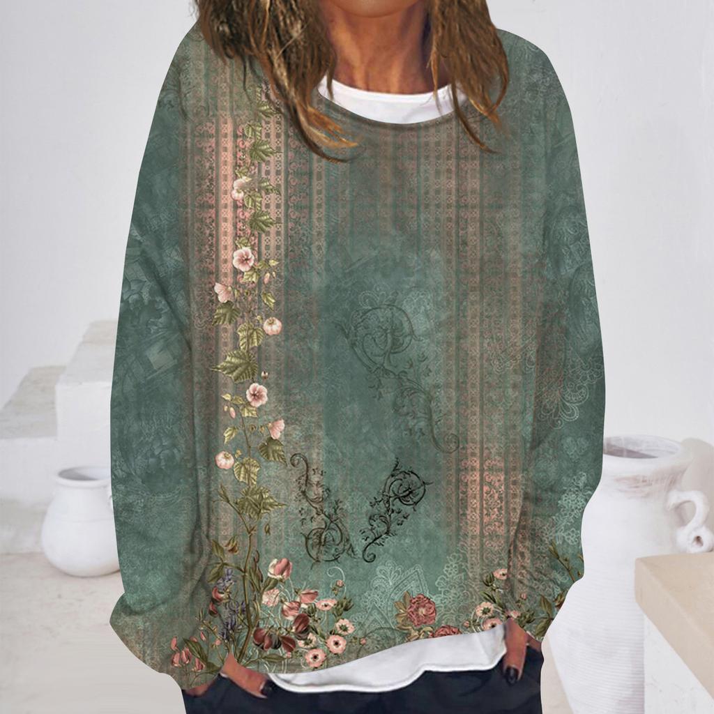 Women's Casual Fashion Vintage Printed Long Sleeve O-Neck Sweatshirt Layer Pullover Top