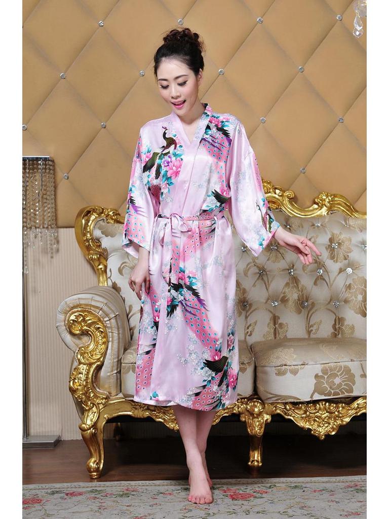 Women's Summer Peacock Pajamas Bathrobe - Thin Imitation Silk Long Tie Cardigan