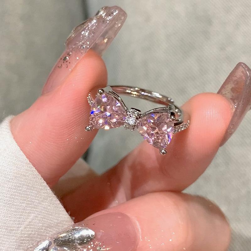 Chic Pink Geometric Diamond Butterfly Bow Ring For Women Trendy Adjustable Band Copper