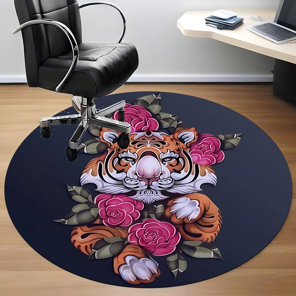 1PC Tiger Roses Office Round Rug, Non slip, Soft and Durable Office Rug for Interior Decoration, Perfect for Office