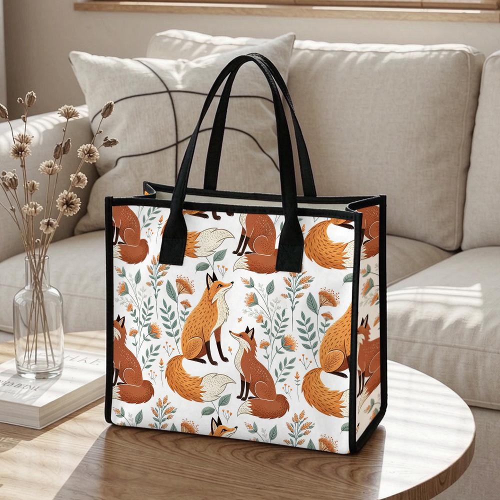 Cute Fox Pattern Canvas Tote Bag Reusable Daily Handbag for Shopping Work Casual Travel