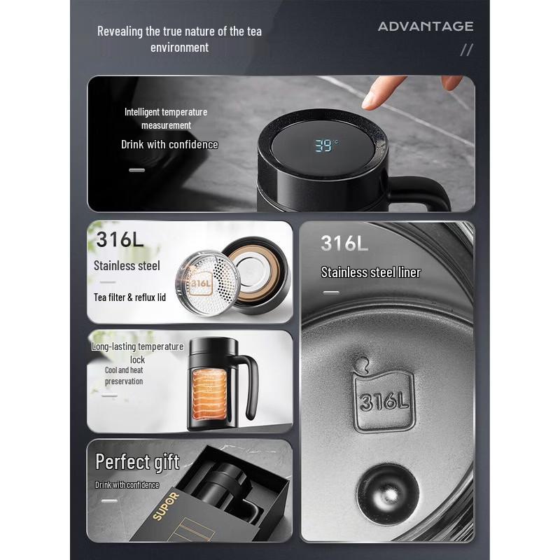 SUPOR 316L Stainless Steel Thermal Mug with Handle and Temperature Display
