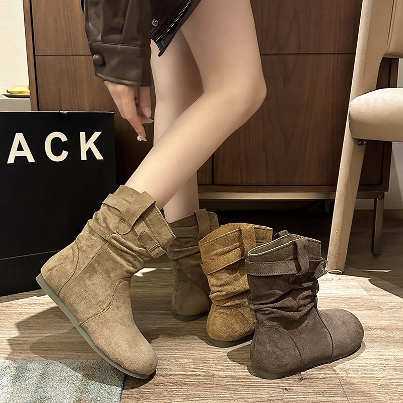[Fanfna] Retro Versatile Thin Boots Korean Version Round Head Flat Bottom Short Boots Women's Fashion Pleated Stacking Boots
