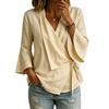 Damen Bluse mit Glockenärmeln, V-Ausschnitt, Bindung vorne und asymmetrischem Saum, Lässiges Baumwoll-Leinen Top
