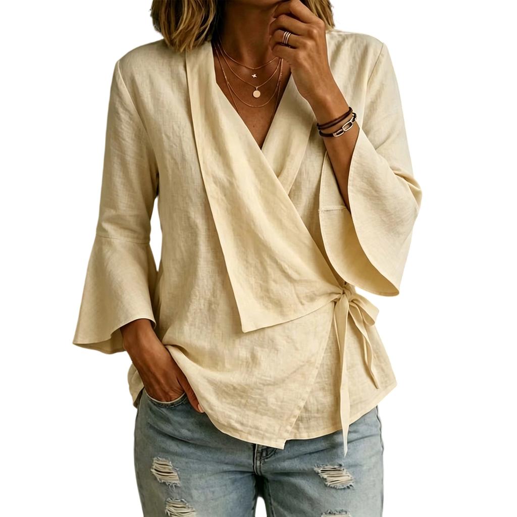 Damen Bluse mit Glockenärmeln, V-Ausschnitt, Bindung vorne und asymmetrischem Saum, Lässiges Baumwoll-Leinen Top
