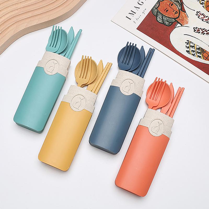 4Pcs Wheat Straw Cutlery Set Portable Tableware Reusable Spoon Knife Chopsticks Fork Travel Picnic With Carrying Box