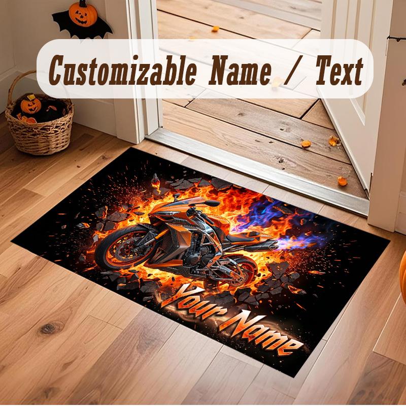 Motorcycle Biker Theme Soft Crystal Velvet Rug Custom Name & Text Print Non Slip Floor Rug for Bedroom Living Room