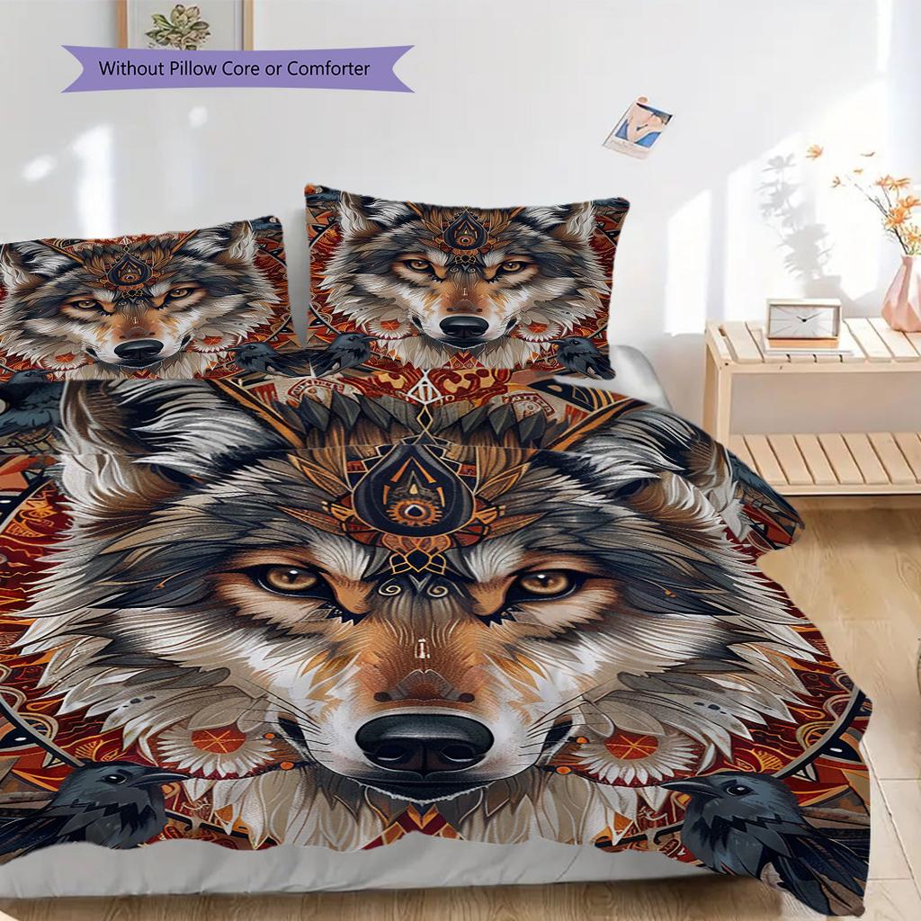 Primitive Wolf Pattern Bedding Quilt Set Quilt Cover Pillowcase Home Decoration Birthday Gift (1 * duvet cover + 2 * pillowcase, without core)