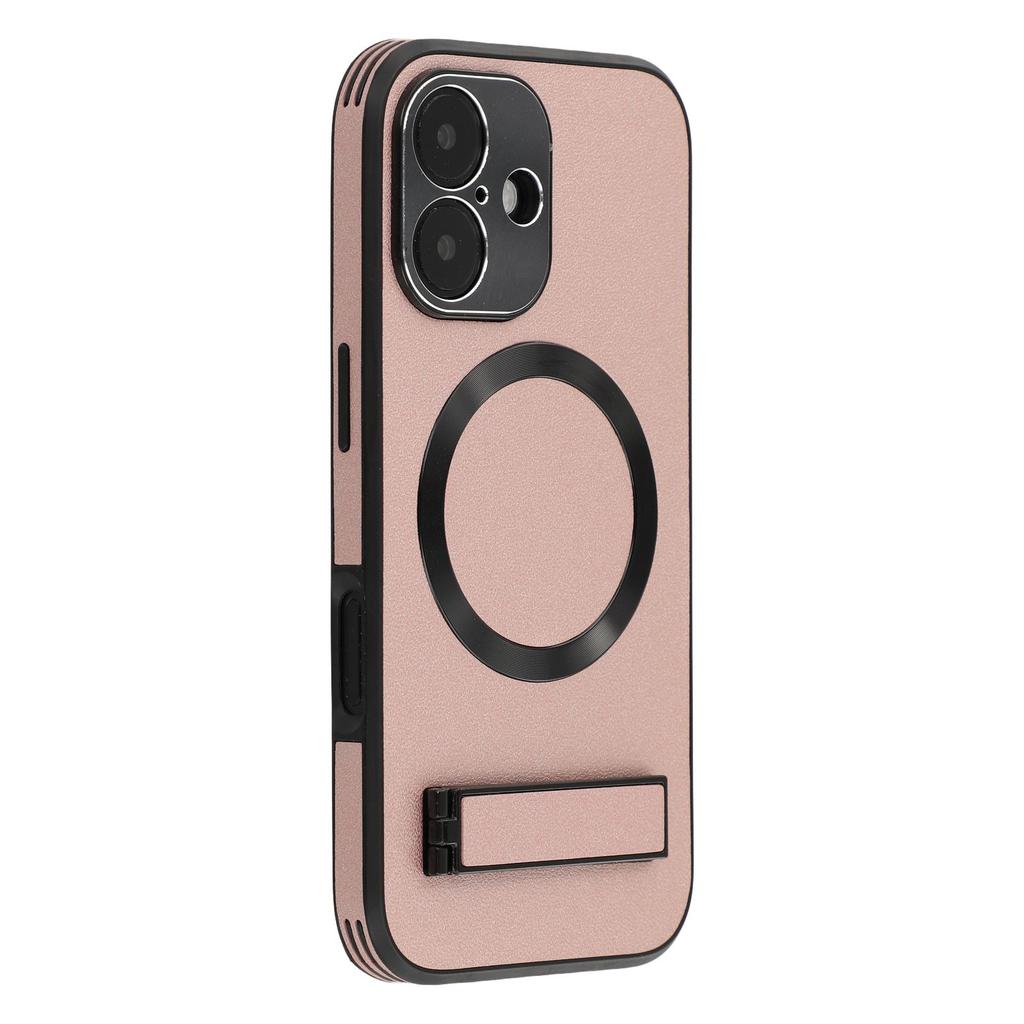 For iPhone 16 Kickstand Case Compatible with MagSafe PC+TPU+PU Phone Back Cover