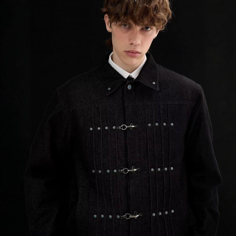 Pánská retro džínová bunda Hip Hop styl Krátký Cropped Kabát s kovovými druky Skládaný detail