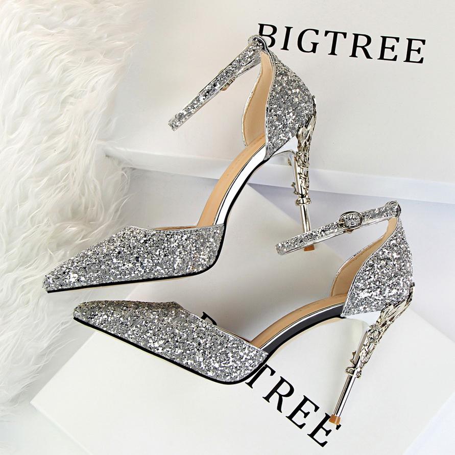 Bigtree European and American Fashion Sexy Hollow Out Nightclub Show Metal Heel  9.5cm High Heel Sparkle Sequins with Sandals