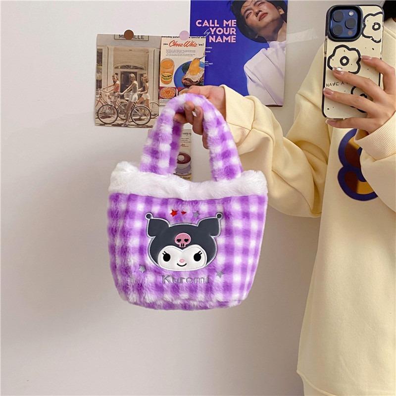 Winter New Plaid Handheld Fluffy Bag Girl Heart Cute Rabbit Female Storage Hand Carrying Cartoon Basket Bag