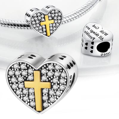 Charms Copper Plated Yellow Crucifix Heart-Shaped Zircon Beads Fit Originalfor Women Jewelry Diy Making Gifts
