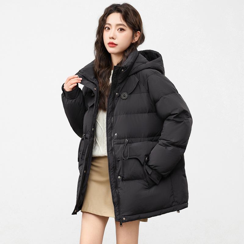 Autumn and winter new down jacket women's medium and long hooded loose top waist thickened warm white duck down jacket