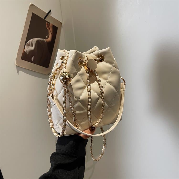 Rhombus Drawstring Through Leather Gold Chain Mini Bucket Bag