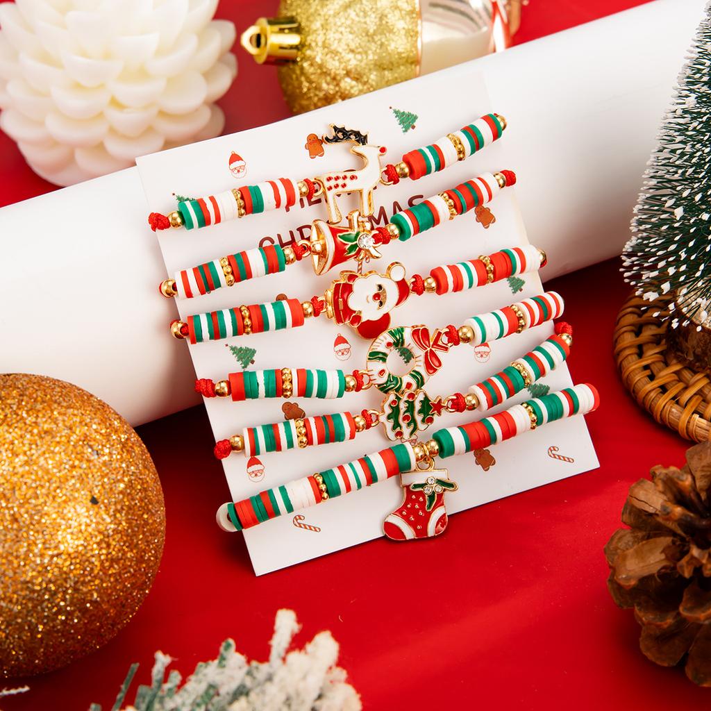 Creative Christmas Reindeer Snowman Bracelet INS Polymer Clay Beaded Adjustable Braided Hand Jewelry for Women Girls Holiday Gift Accessories