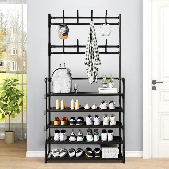 Free Standing Large Capacity Shoes Rack Multiple Hooks Strong Load-bearing 5 Tiers Hat Coat Shoes Storage Stand