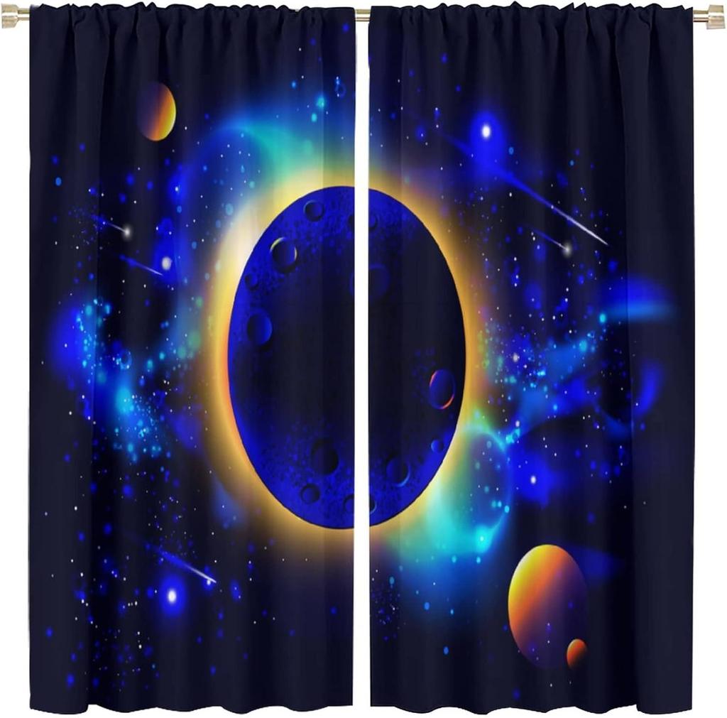 Conjunto de cortinas de porta com tema espacial 2 peças com design de galáxias, cortinas de painel de poliéster para vários tratamentos de janela de sala