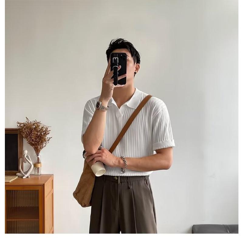 Men S Korean Style Short Sleeve Knit Polo Shirt Summer Casual Top