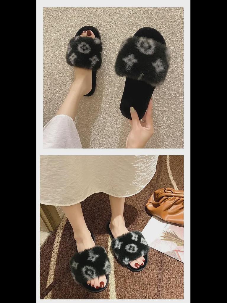 Autumn/Winter Women's Fur & Cotton Suede Slippers - Cross-Color Flat Home Wear.