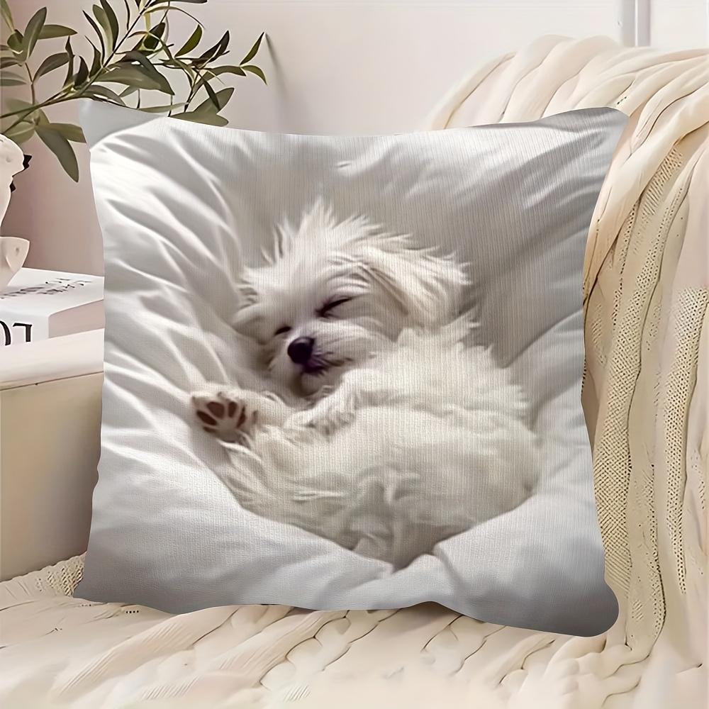 Cute Sleeping Puppy Pillow Case, Fluffy White Dog Cushion Cover, Soft Pet Art Home Decor for Sofa Bedroom Living Room Gift
