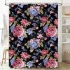 Floral Print Shower Curtain with Black Background Pink Peonies Blue Roses for Bathroom Decor