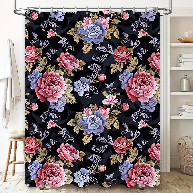 Floral Print Shower Curtain with Black Background Pink Peonies Blue Roses for Bathroom Decor