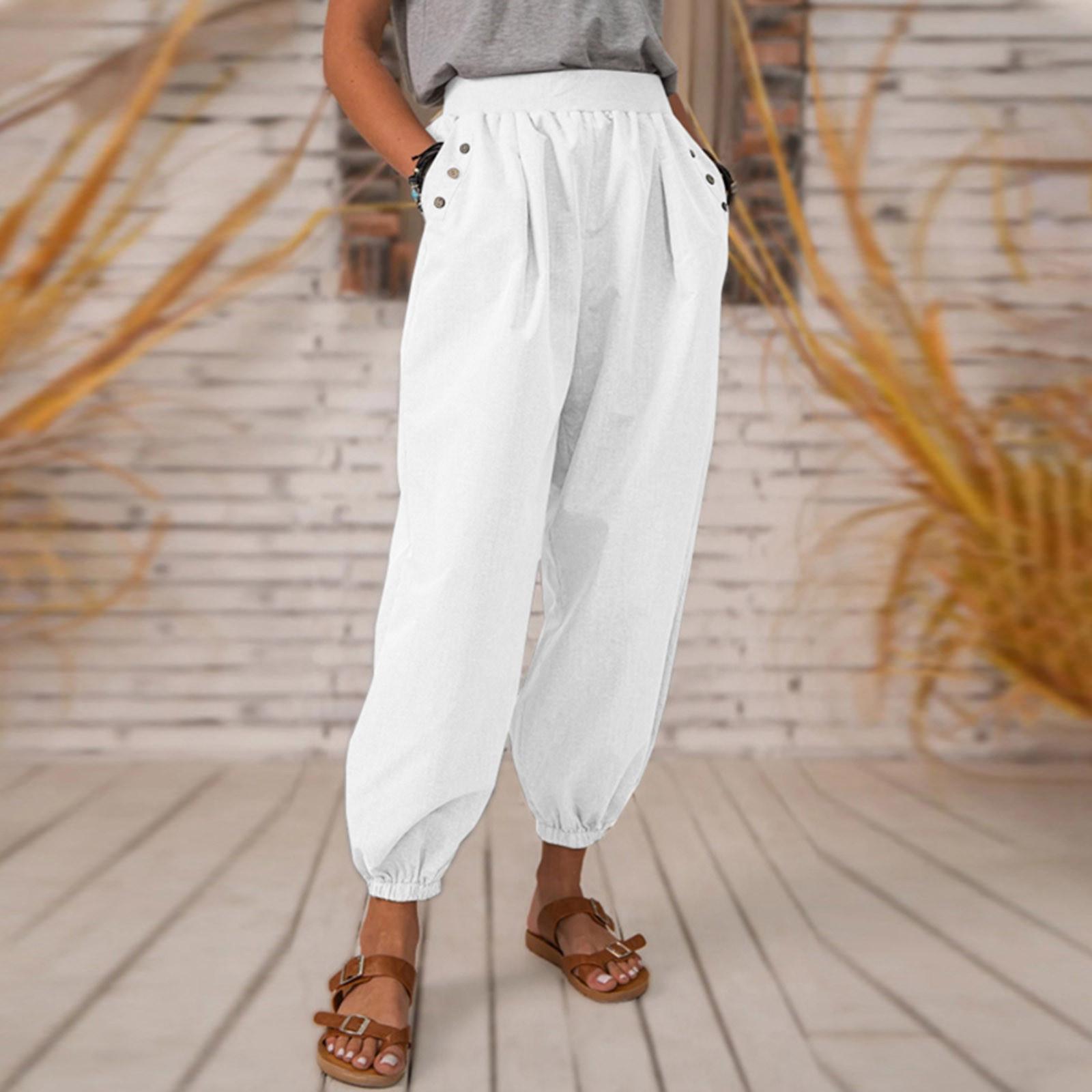 

Women s Casual Bloomers Pockets Elastic Waist Pants Trousers Pants M белый