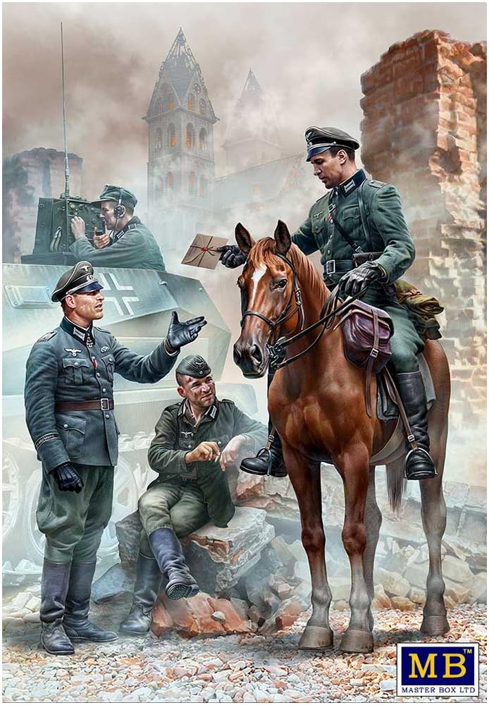 Master Box 1/35 Scale German Mounted Officer + Officer & 3 Infantrymen Emergency Messenger Plastic Model MB35212